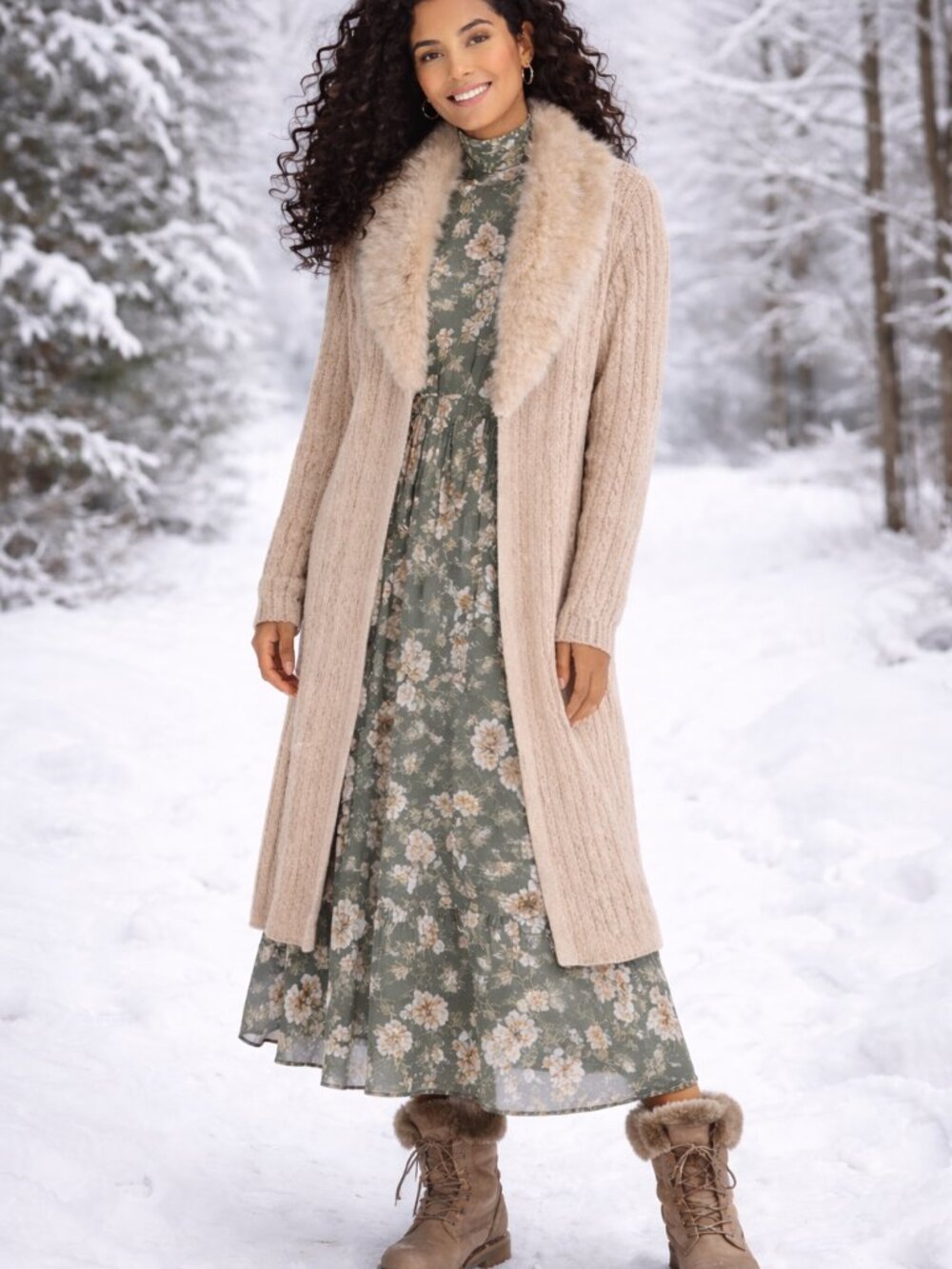 Cozy Tan Brown Cable Knit Cardigan Overcoat with Faux Fur Collar Trim Size XL